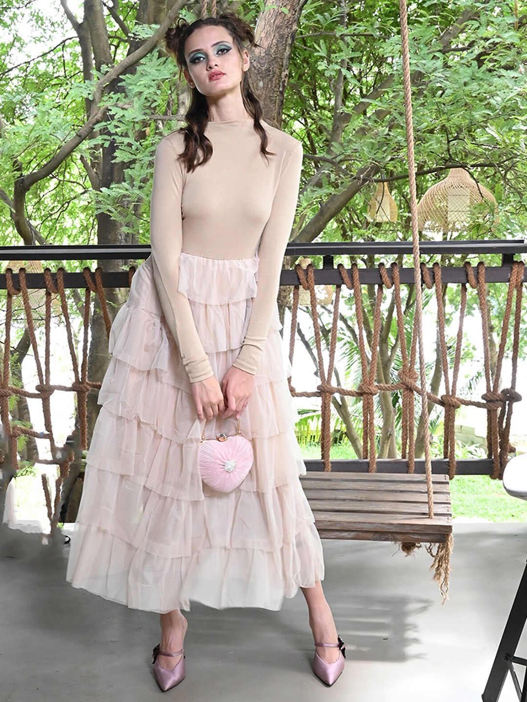 

ODETTE High Neck Net Maxi Dress, Beige