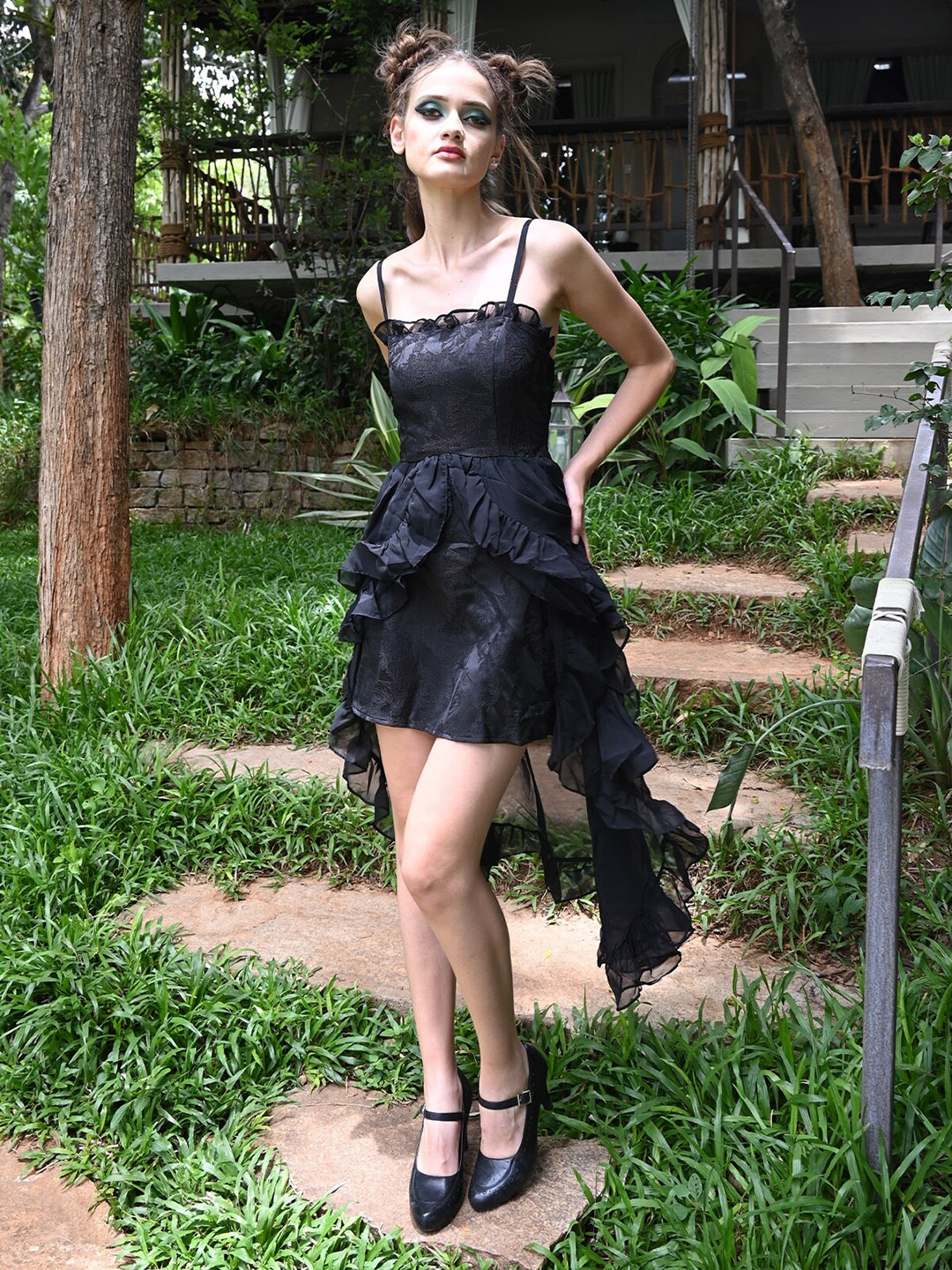 

ODETTE Self Design Georgette Fit & Flare Dress, Black