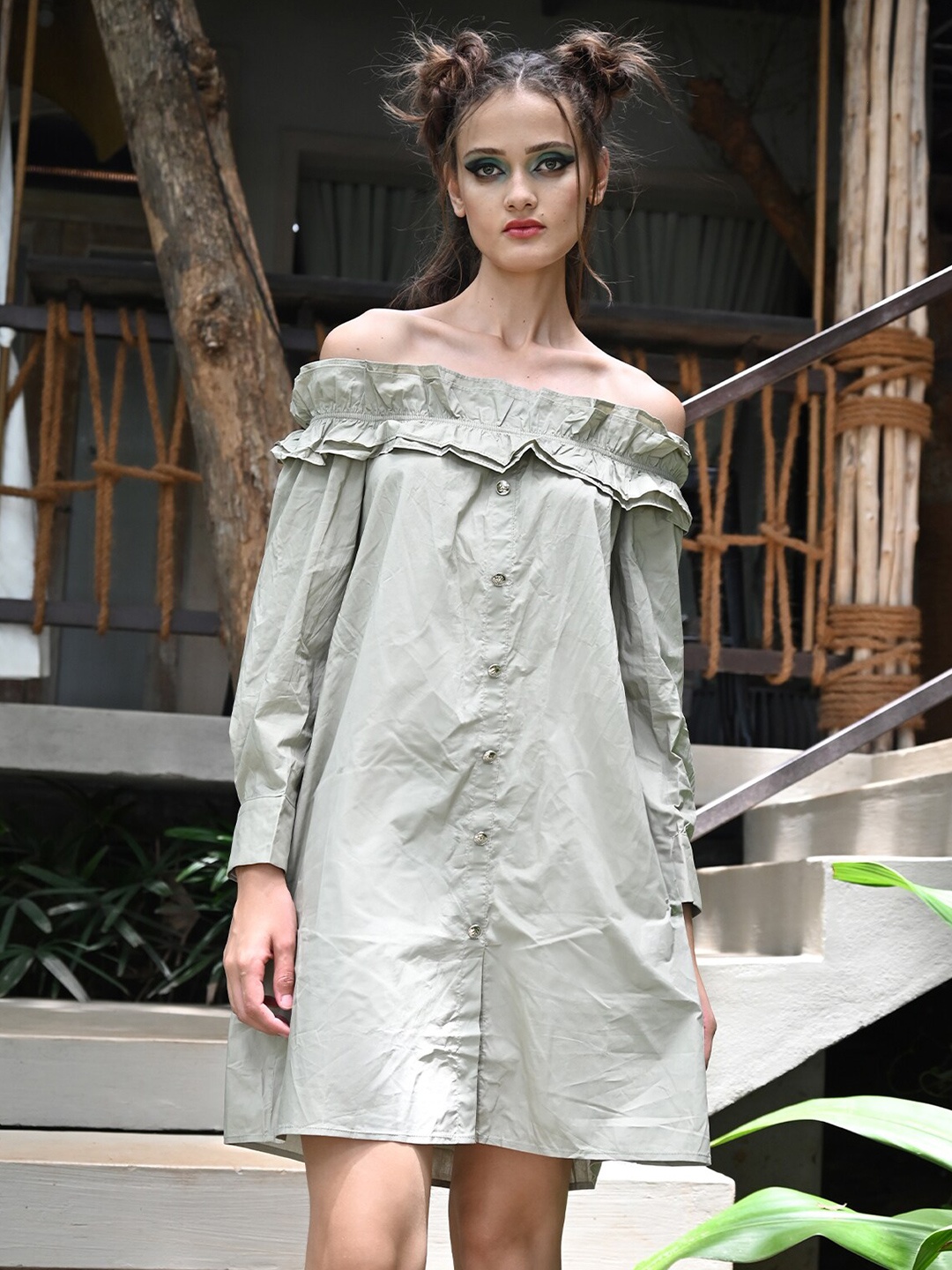

ODETTE Off Shoulder Ruffles Detail A-Line Dress, Olive