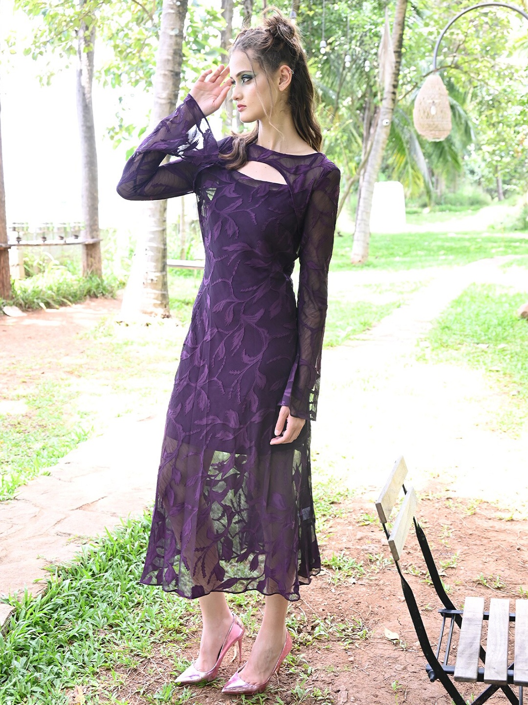 

ODETTE Self Design Sheer Georgette Sheath Maxi Dress, Purple