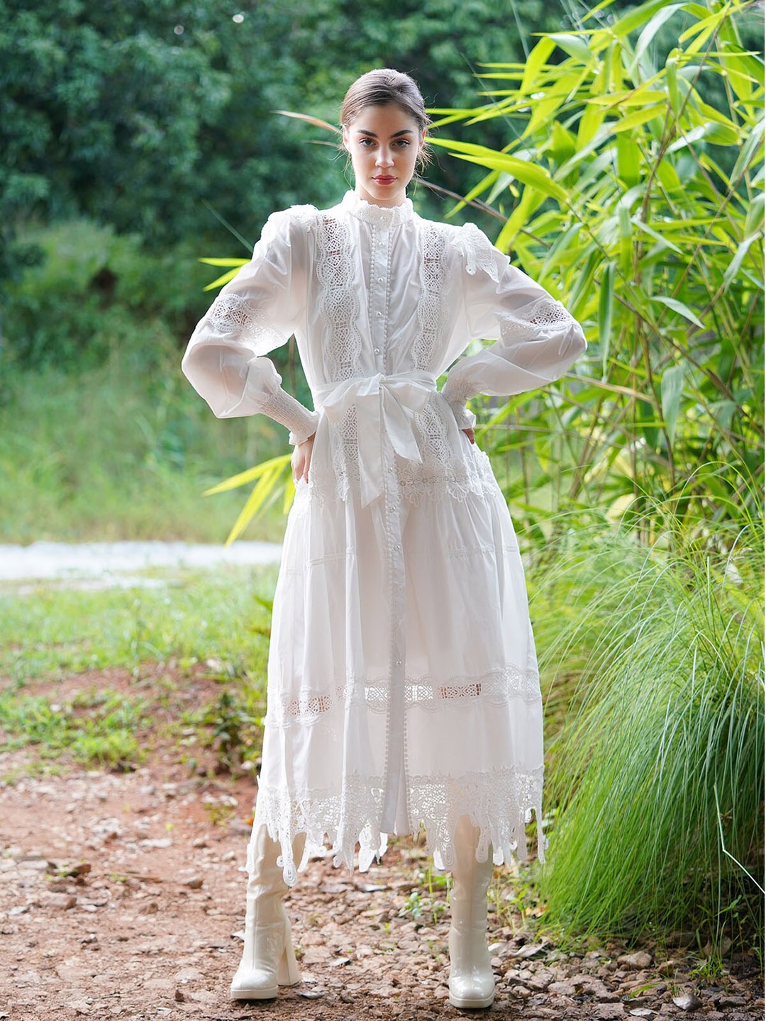 

ODETTE Self Design High Neck Puff Sleeves Cotton A-Line Midi Dress, White