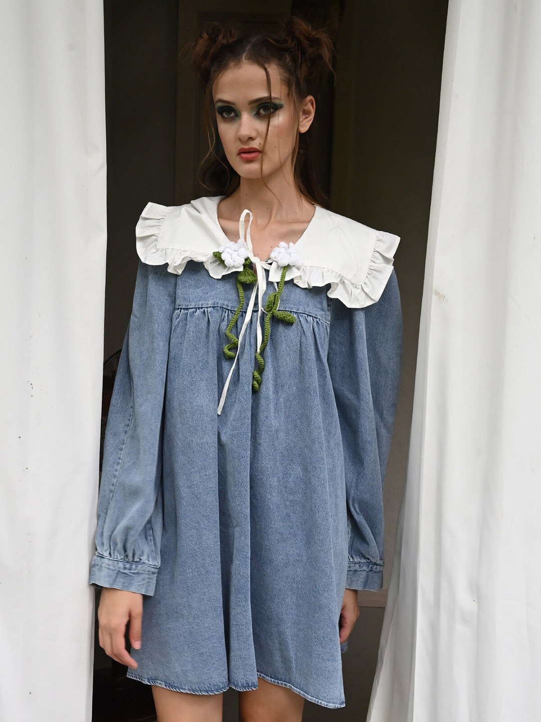 

ODETTE Above the Keyboard Collar Denim A-Line Dress, Blue