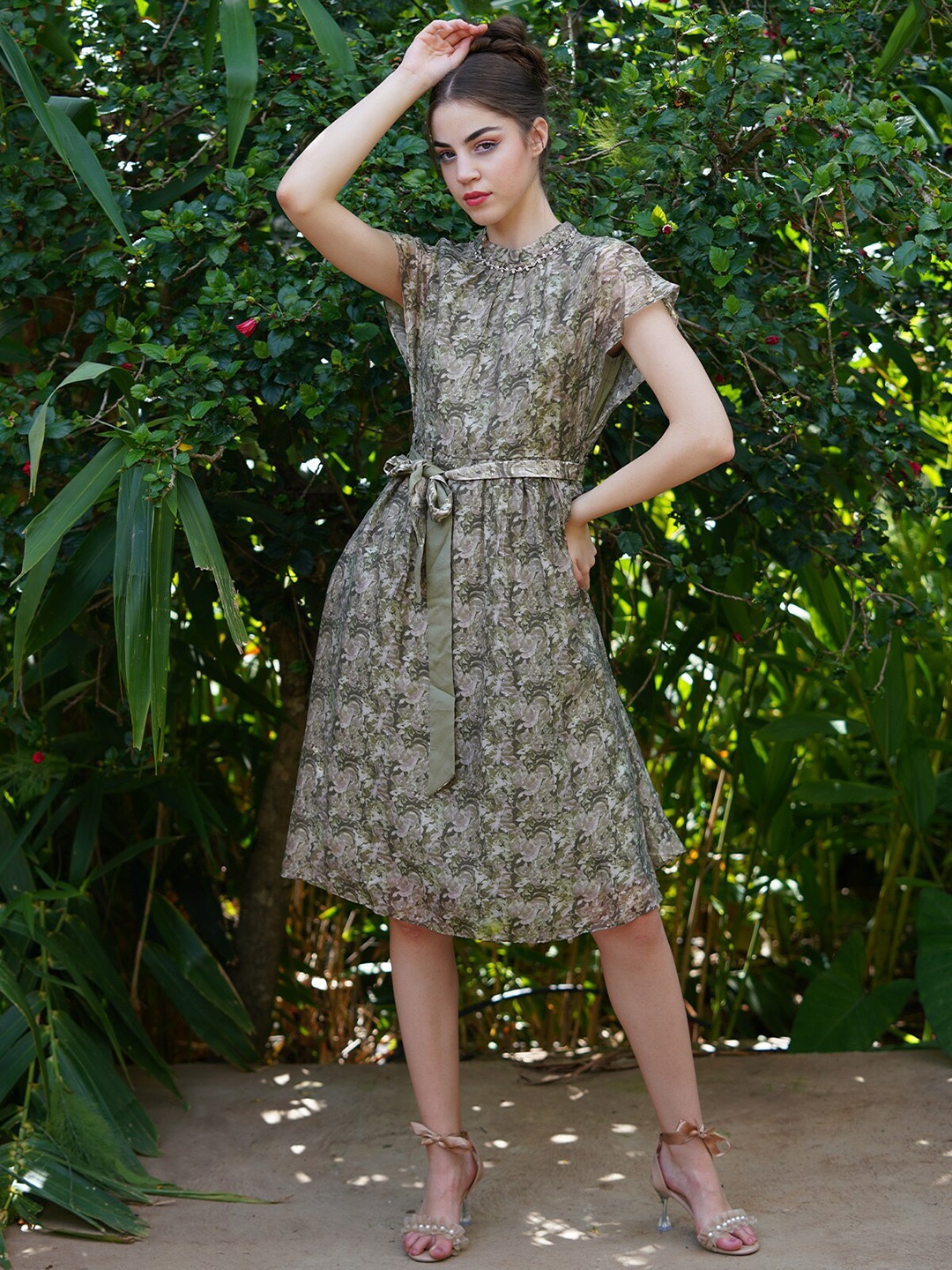

ODETTE Floral Printed Belted Crepe Fit & Flare Midi Dress, Green
