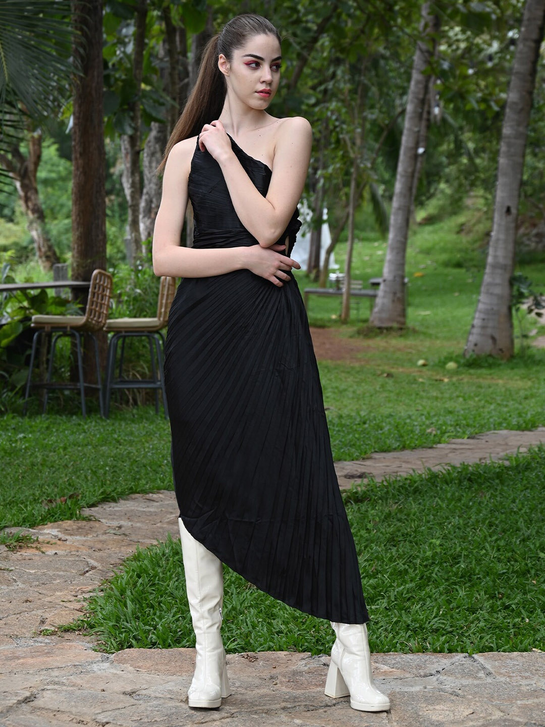 

ODETTE One Shoulder Pleated Detail Satin Sheath Maxi Dress, Black