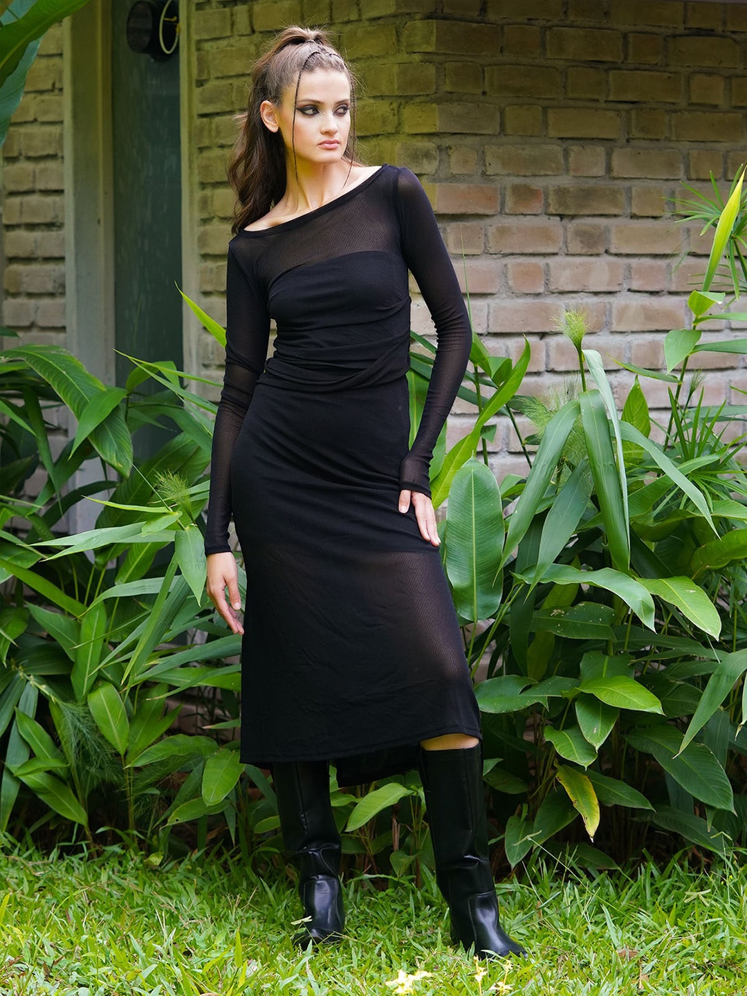 

ODETTE Boat Neck Crepe Sheath Midi Dress, Black