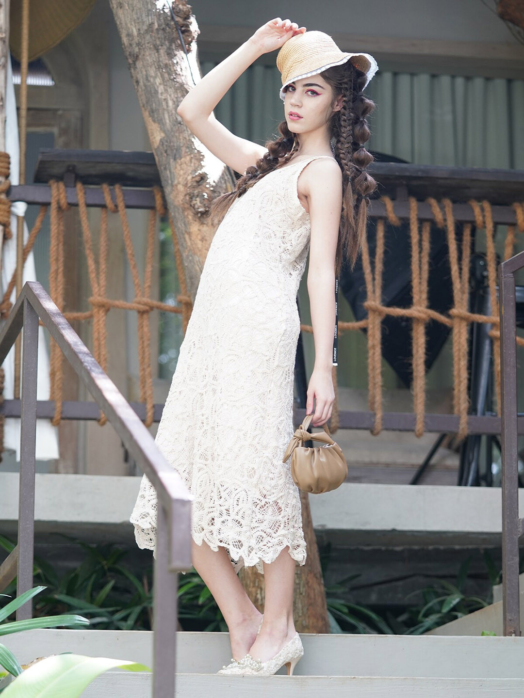 

ODETTE Self Design Cotton Fit & Flare Dress, Off white