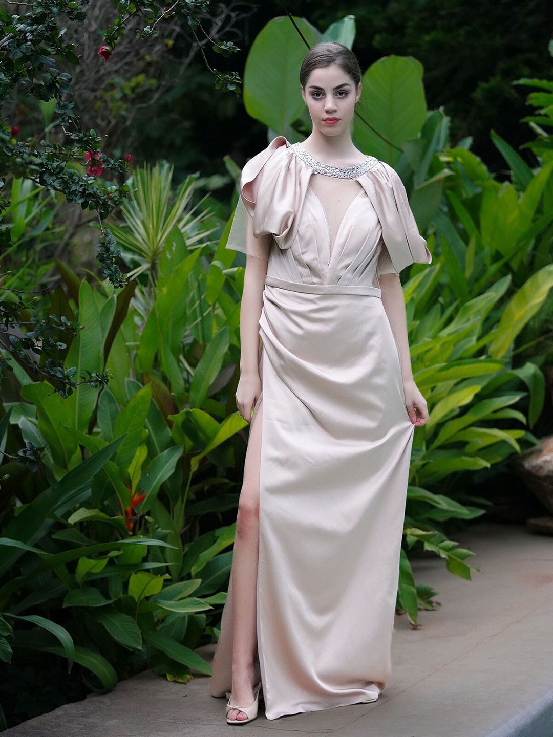 

ODETTE Embellished Puff Sleeves Satin Maxi Dress, Beige