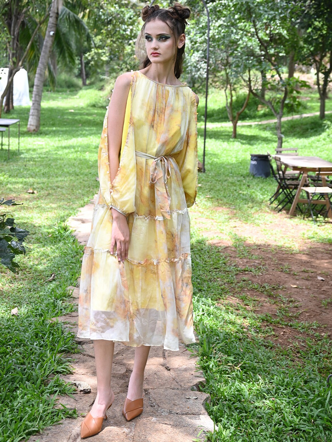 

ODETTE Abstract Printed Tiered Fit and Flare Midi Dress, Yellow