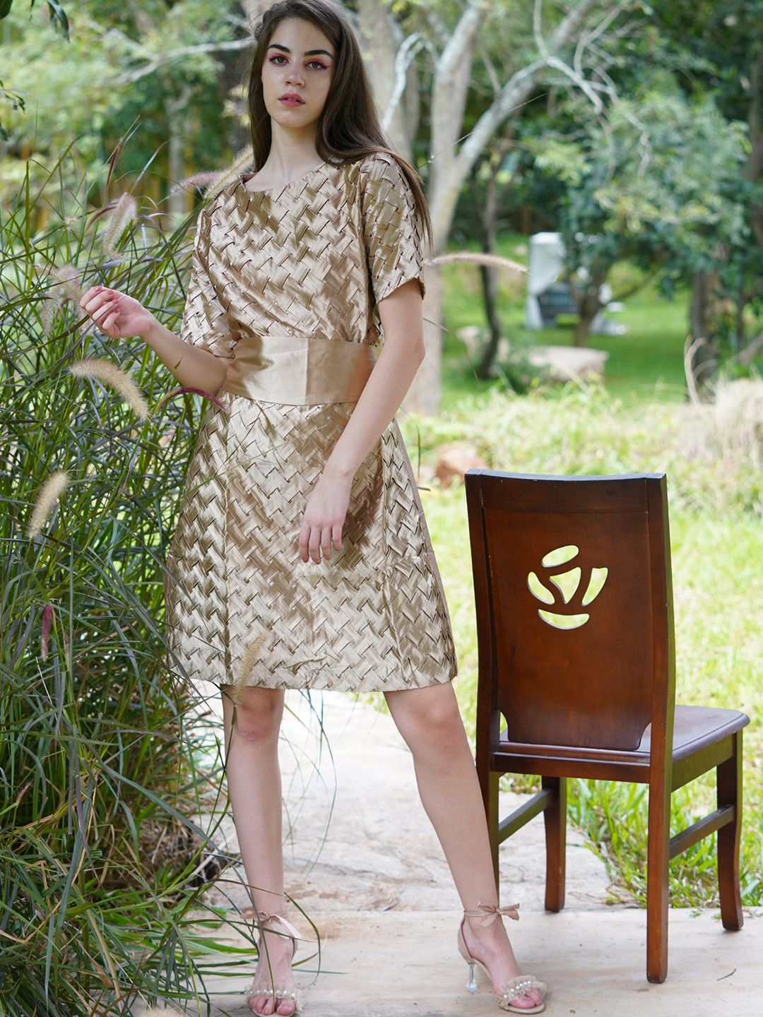 

ODETTE Self Design Satin A-Line Dress, Gold