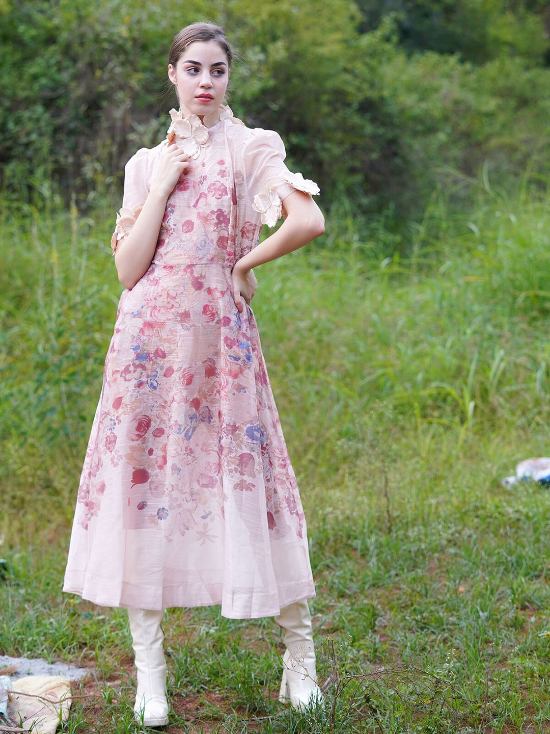 

ODETTE Floral Printed Applique A-Line Midi Dress, Pink