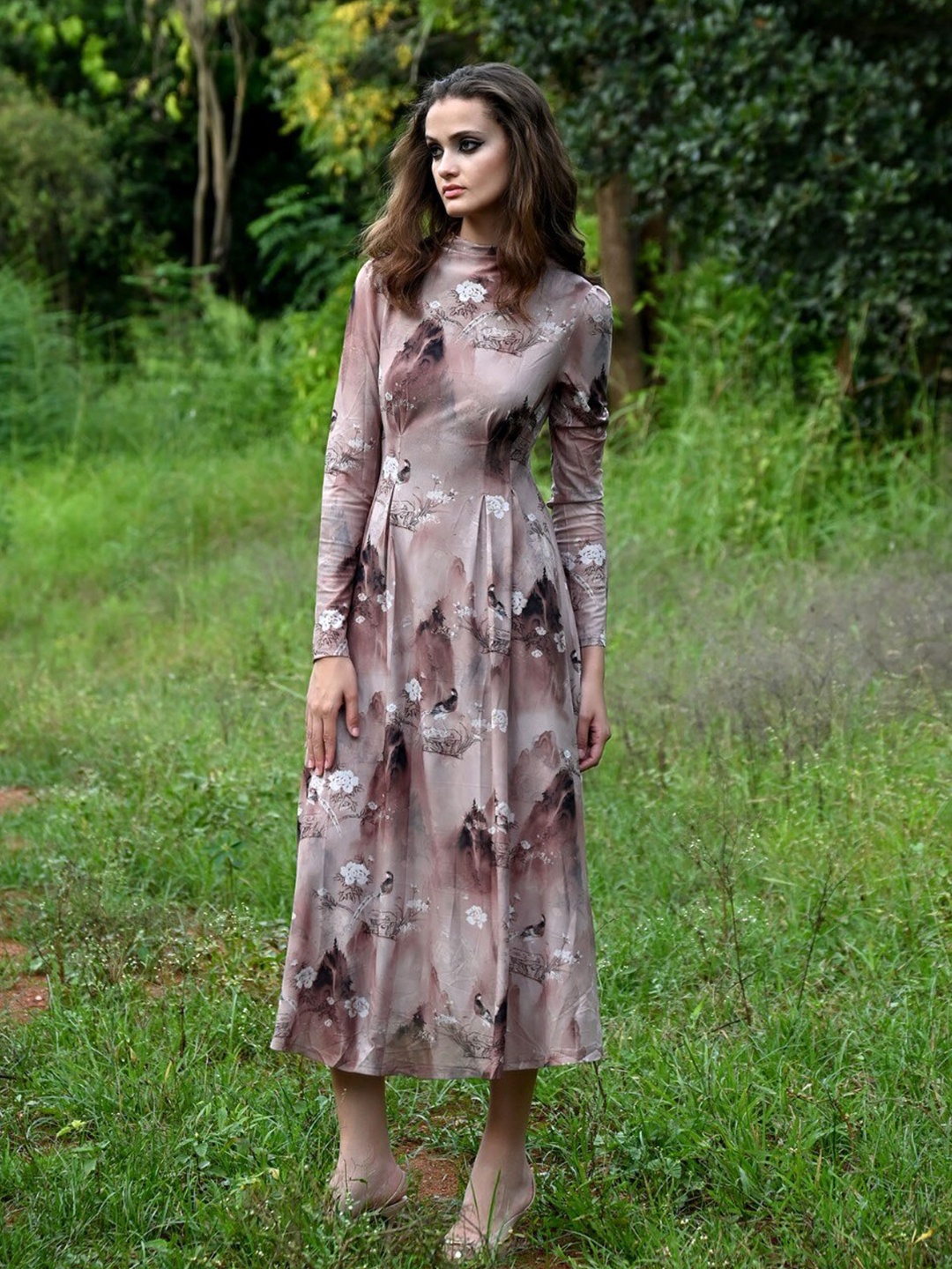 

ODETTE Floral Printed Round Neck Fit & Flare Midi Dress, Beige