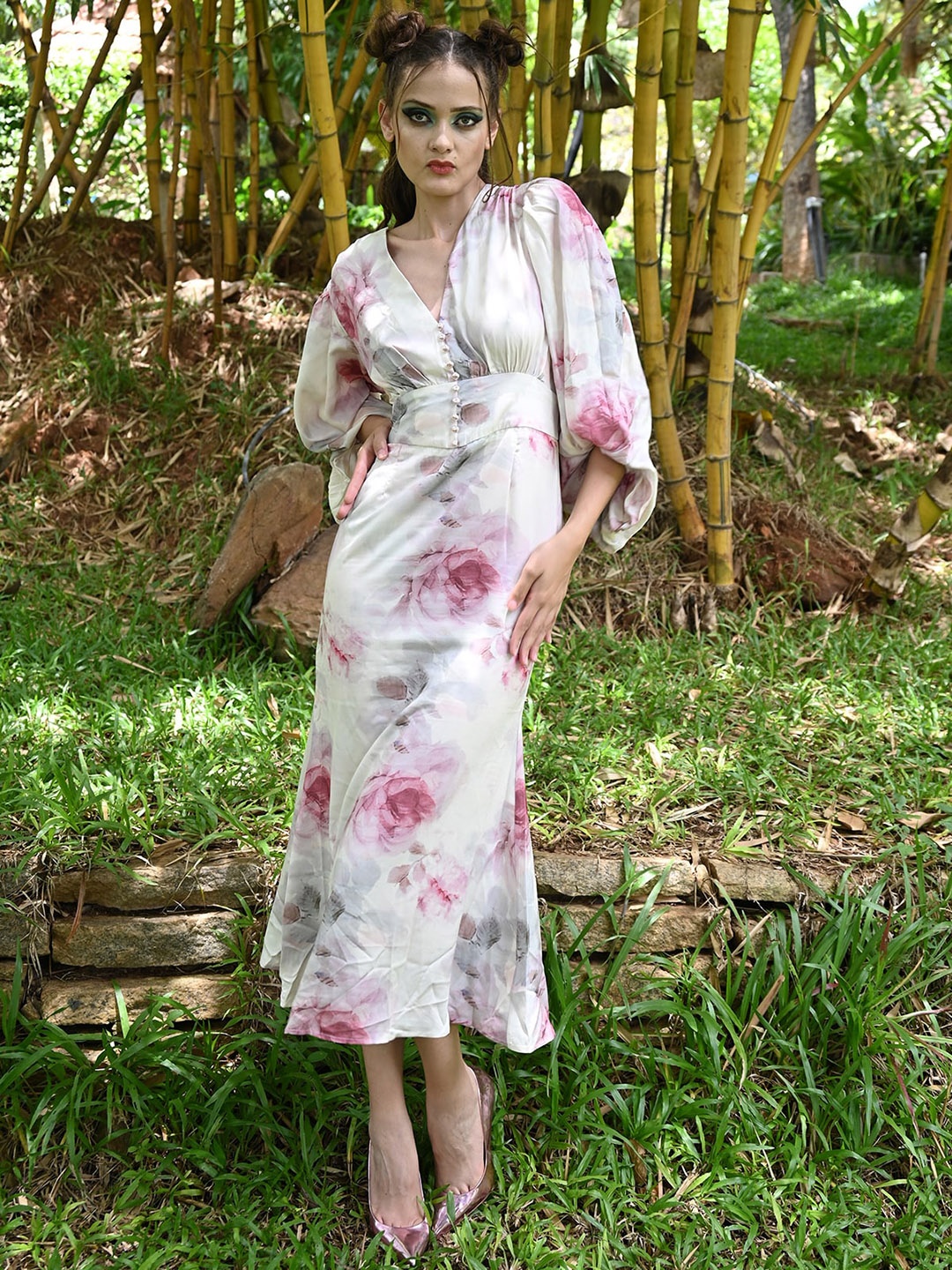 

ODETTE Floral Printed V-Neck Puffed Sleeves Satin Midi Sheath Dress, Pink