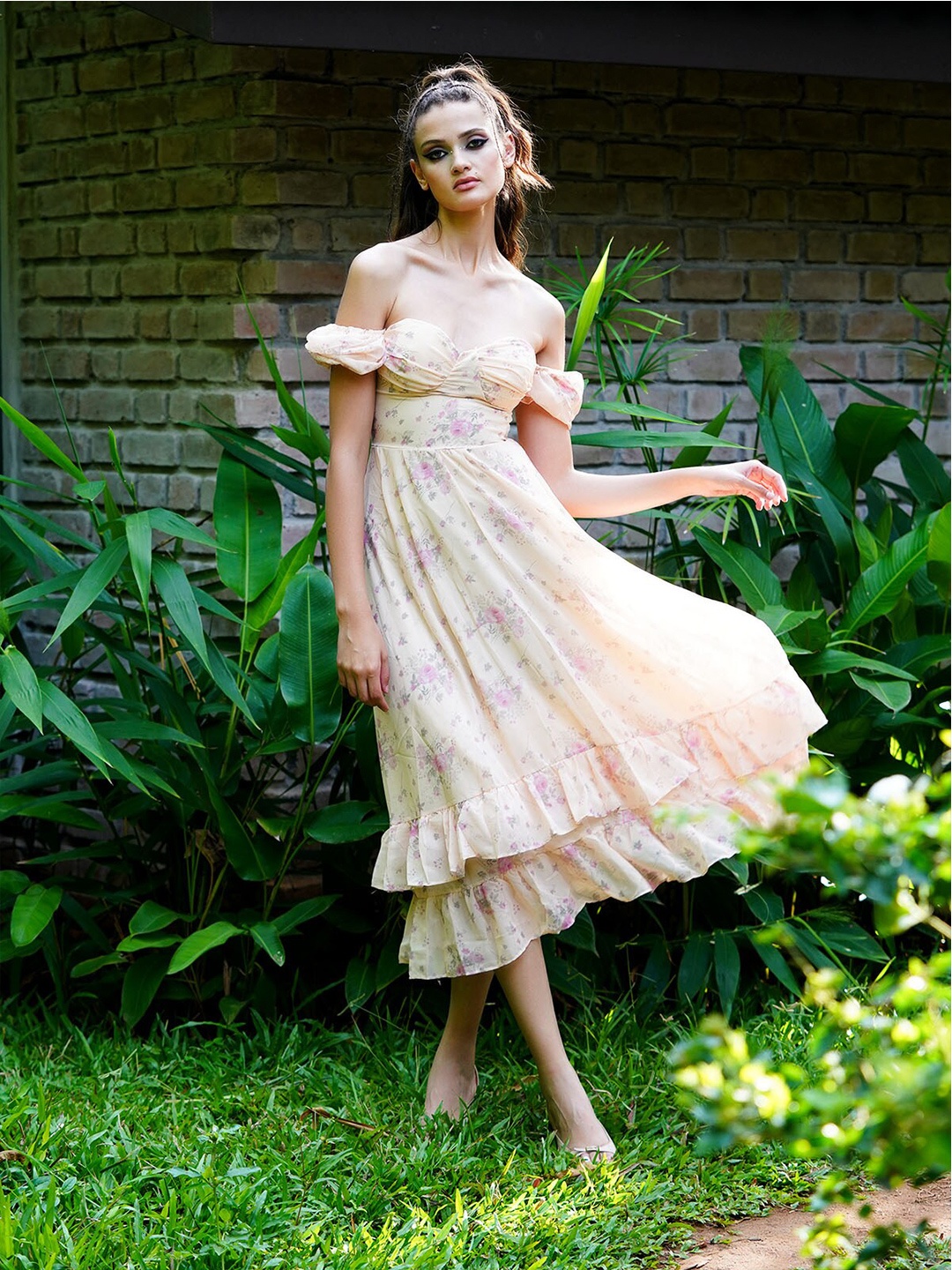 

ODETTE Floral Printed Georgette Fit & Flare Midi Dress, Peach