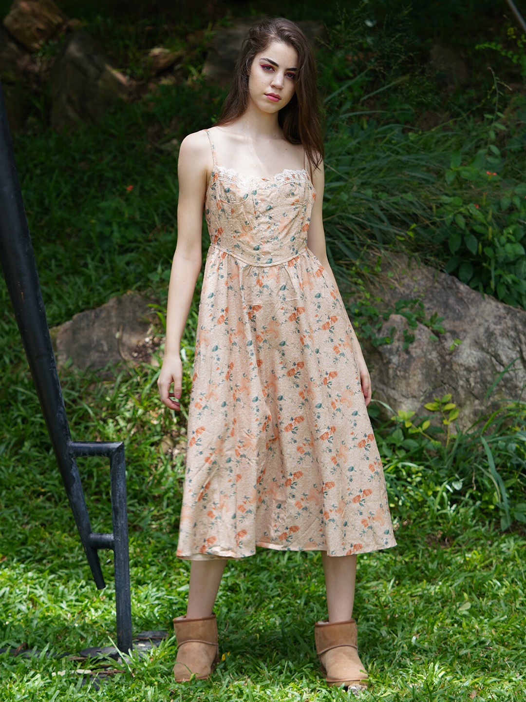 

ODETTE Floral Printed Shoulder Straps A-Line Midi Dress, Beige