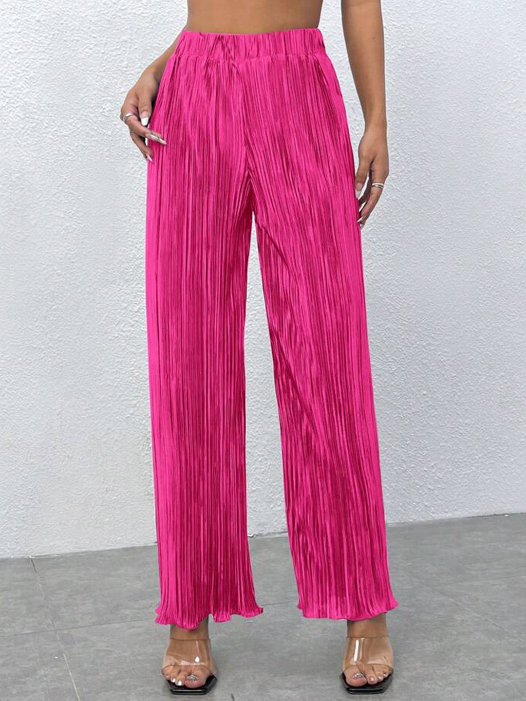 

Molly & Michel Women Striped Mid-Raise Regular Fit Parallel Trousers, Pink