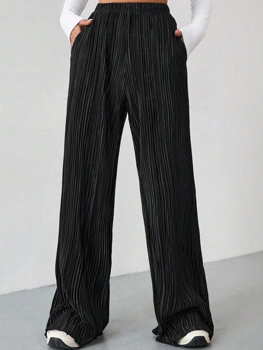 

Molly & Michel Women Striped Mid Rise Parallel Trousers, Black