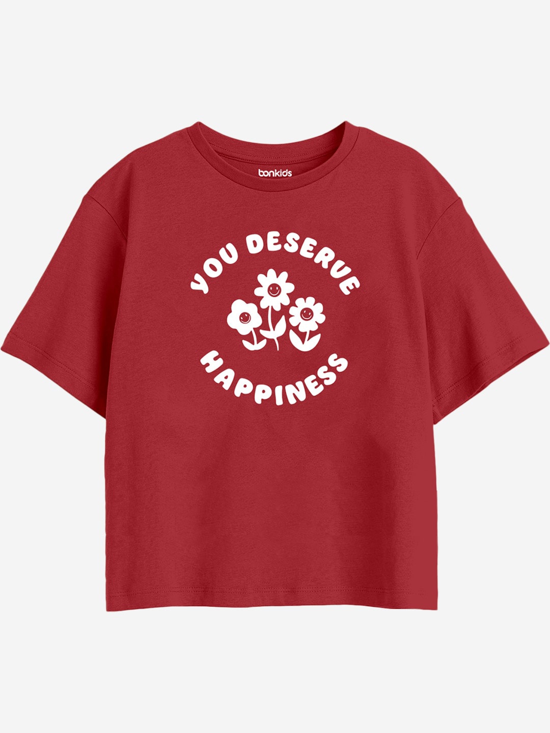 

BONKIDS Girls Typography Printed Round Neck Cotton Boxy T-shirt, Red