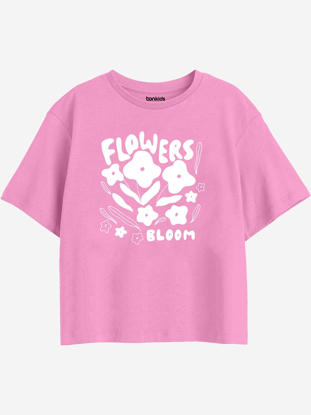 

BONKIDS Girls Typography Printed Drop-Shoulder Sleeves Cotton Boxy T-shirt, Pink