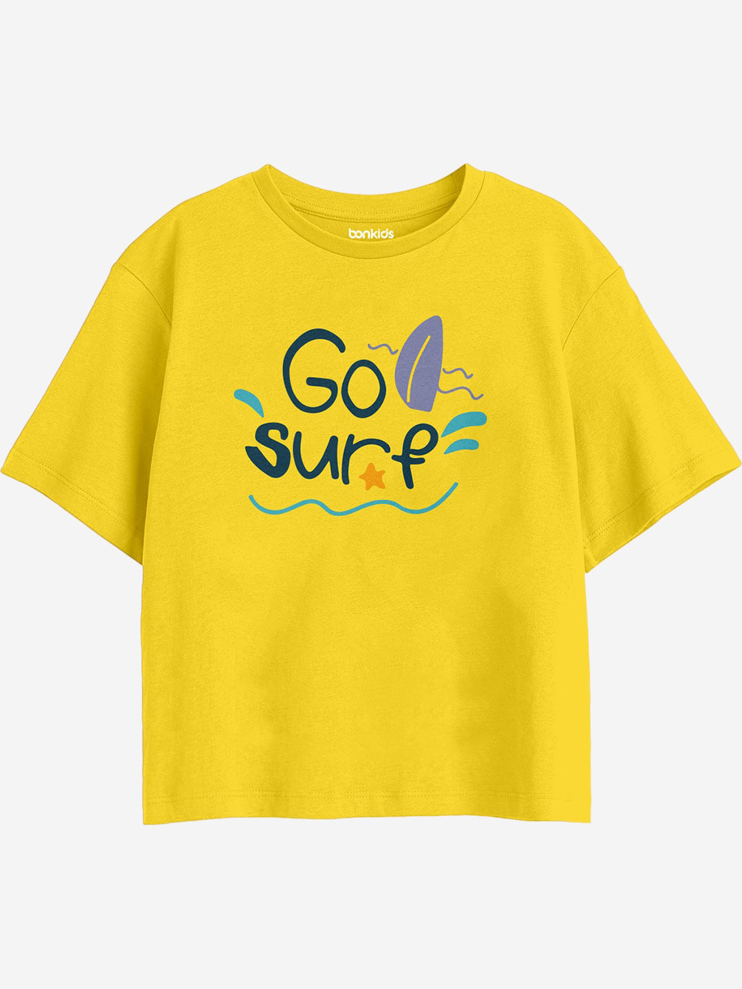 

BONKIDS Girls Typography Printed Drop-Shoulder Sleeves Cotton Boxy T-shirt, Yellow