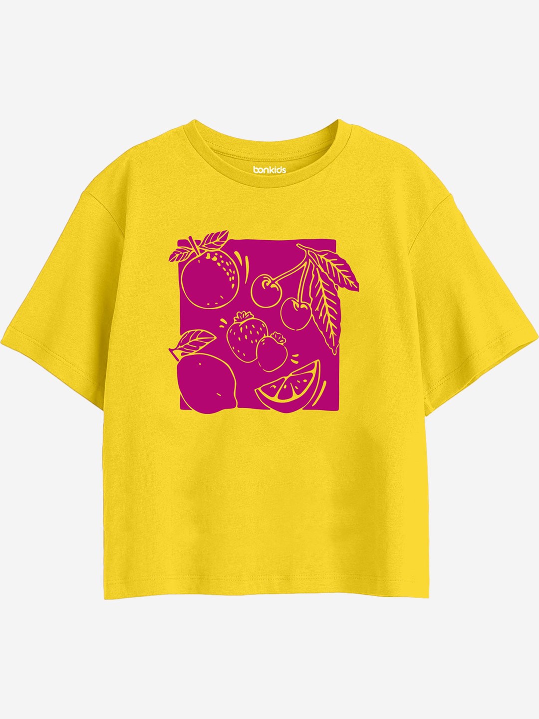 

BONKIDS Girls Graphic Printed Drop-Shoulder Sleeves Cotton Boxy T-shirt, Yellow