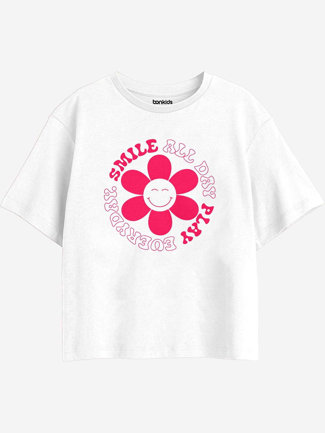 

BONKIDS Girls Graphic Printed Drop-Shoulder Sleeves Cotton Boxy T-shirt, White