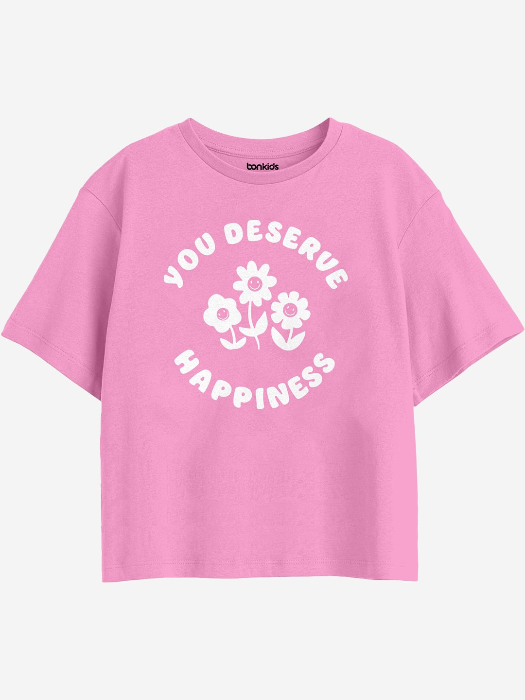 BONKIDS Girls Typography Printed Round Neck Cotton Boxy T-shirt, Pink
