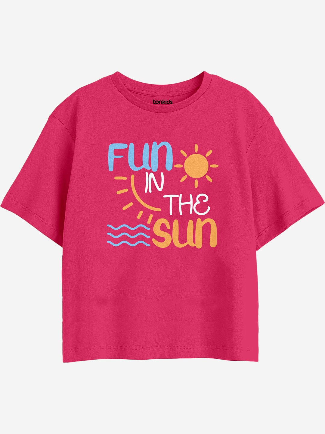 

BONKIDS Girls Typography Printed Round Neck Cotton Boxy T-shirt, Magenta