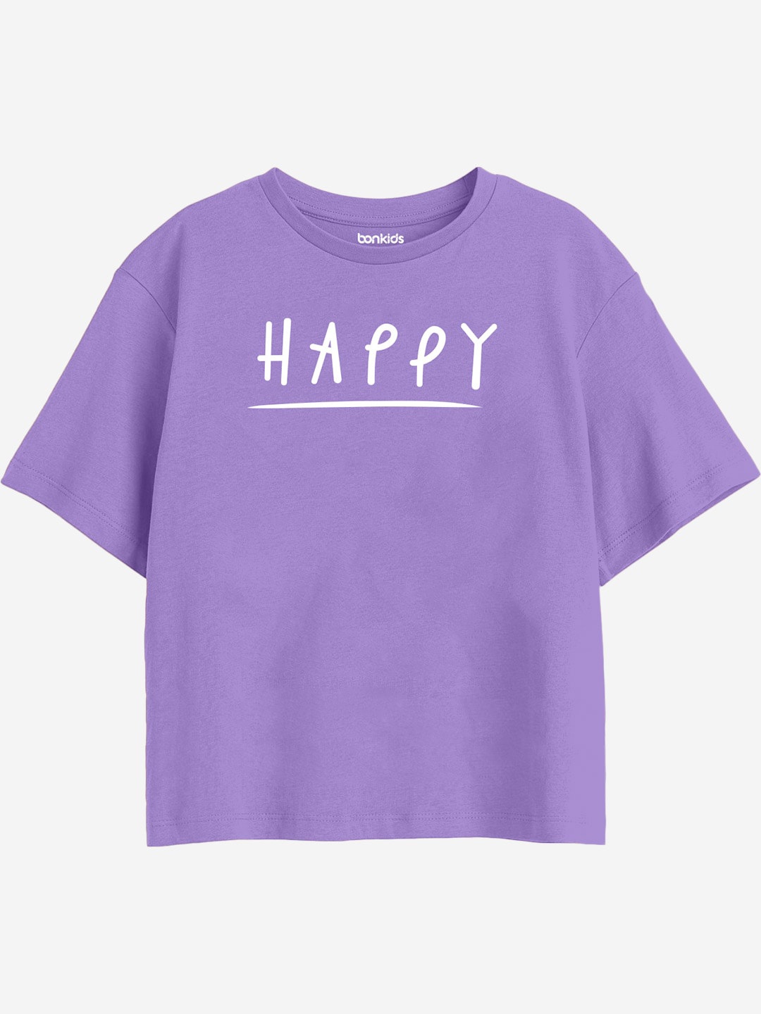 

BONKIDS Girls Typography Printed Drop-Shoulder Sleeves Cotton Boxy T-shirt, Lavender