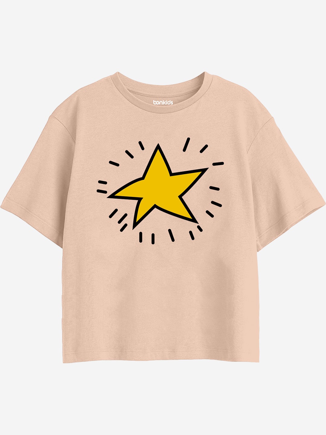 

BONKIDS Girls Graphic Printed Round Neck Cotton Boxy T-shirt, Peach