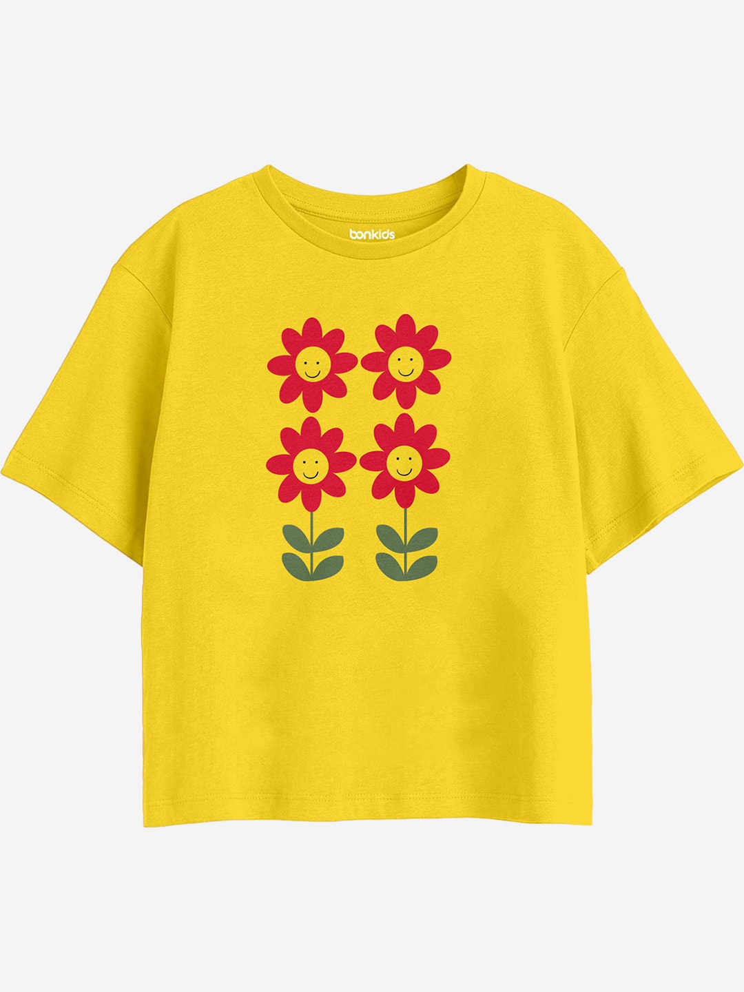 

BONKIDS Girls Graphic Printed Drop-Shoulder Sleeves Cotton Boxy T-shirt, Yellow