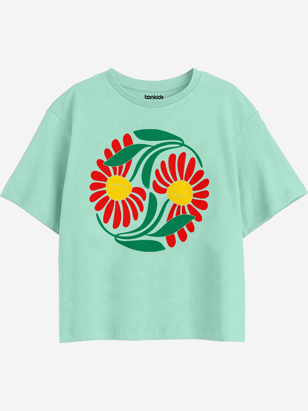 

BONKIDS Girls Floral Printed Cotton Boxy T-shirt, Green