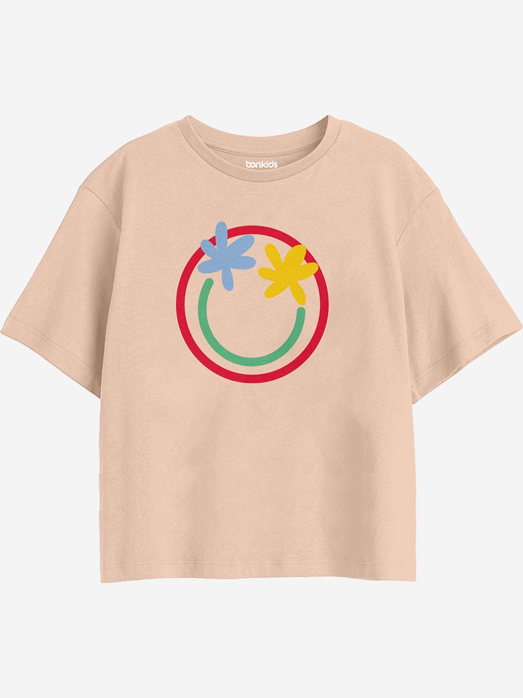 

BONKIDS Girls Graphic Printed Drop-Shoulder Sleeves Cotton Boxy T-shirt, Peach