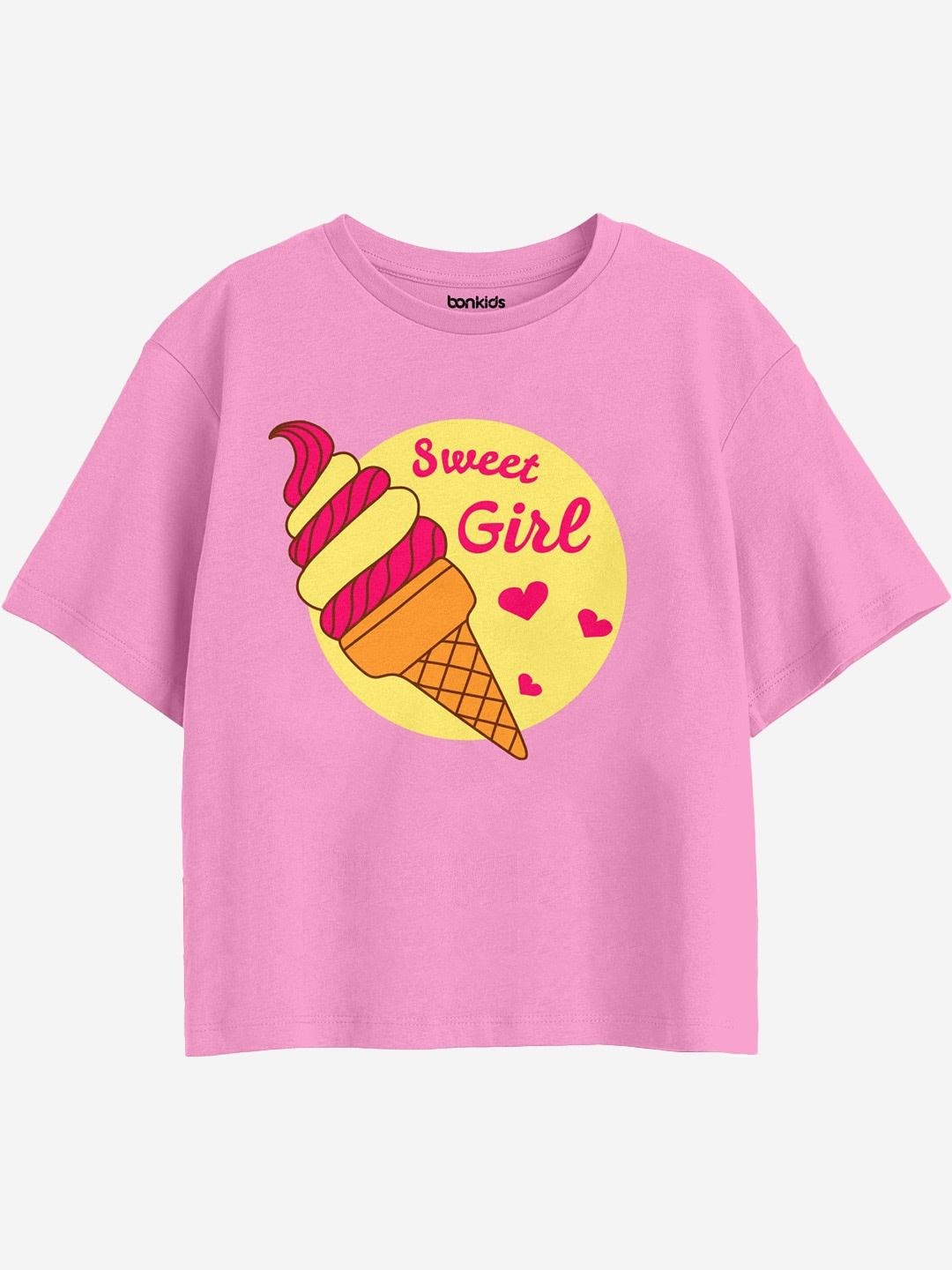 

BONKIDS Girls Graphic Printed Round Neck Cotton Boxy T-shirt, Pink