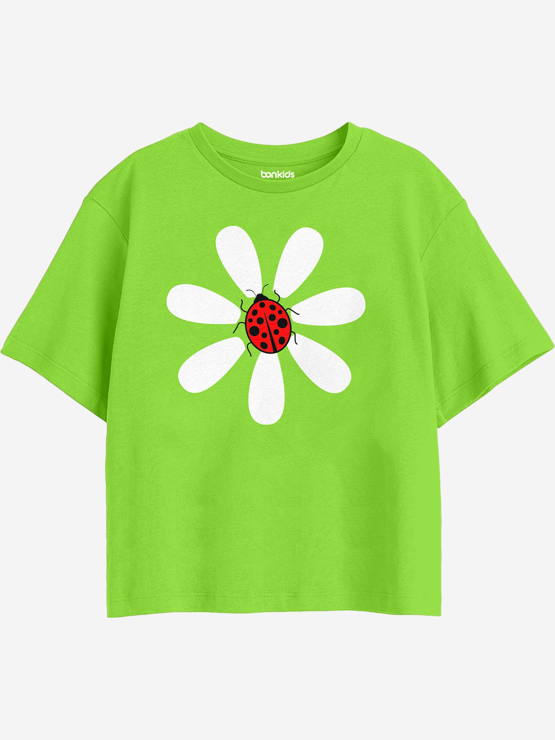 

BONKIDS Girls Graphic Printed Round Neck Cotton Boxy T-shirt, Lime green