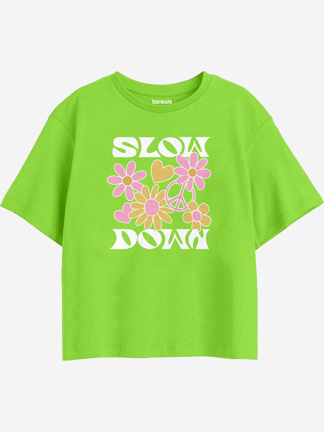 

BONKIDS Girls Floral Printed Round Neck Cotton Boxy T-shirt, Lime green