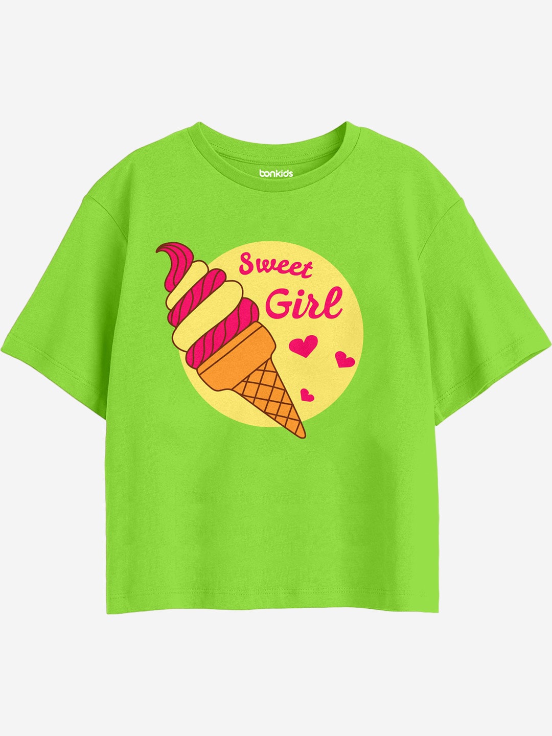 

BONKIDS Girls Graphic Printed Drop-Shoulder Sleeves Cotton Boxy T-shirt, Lime green