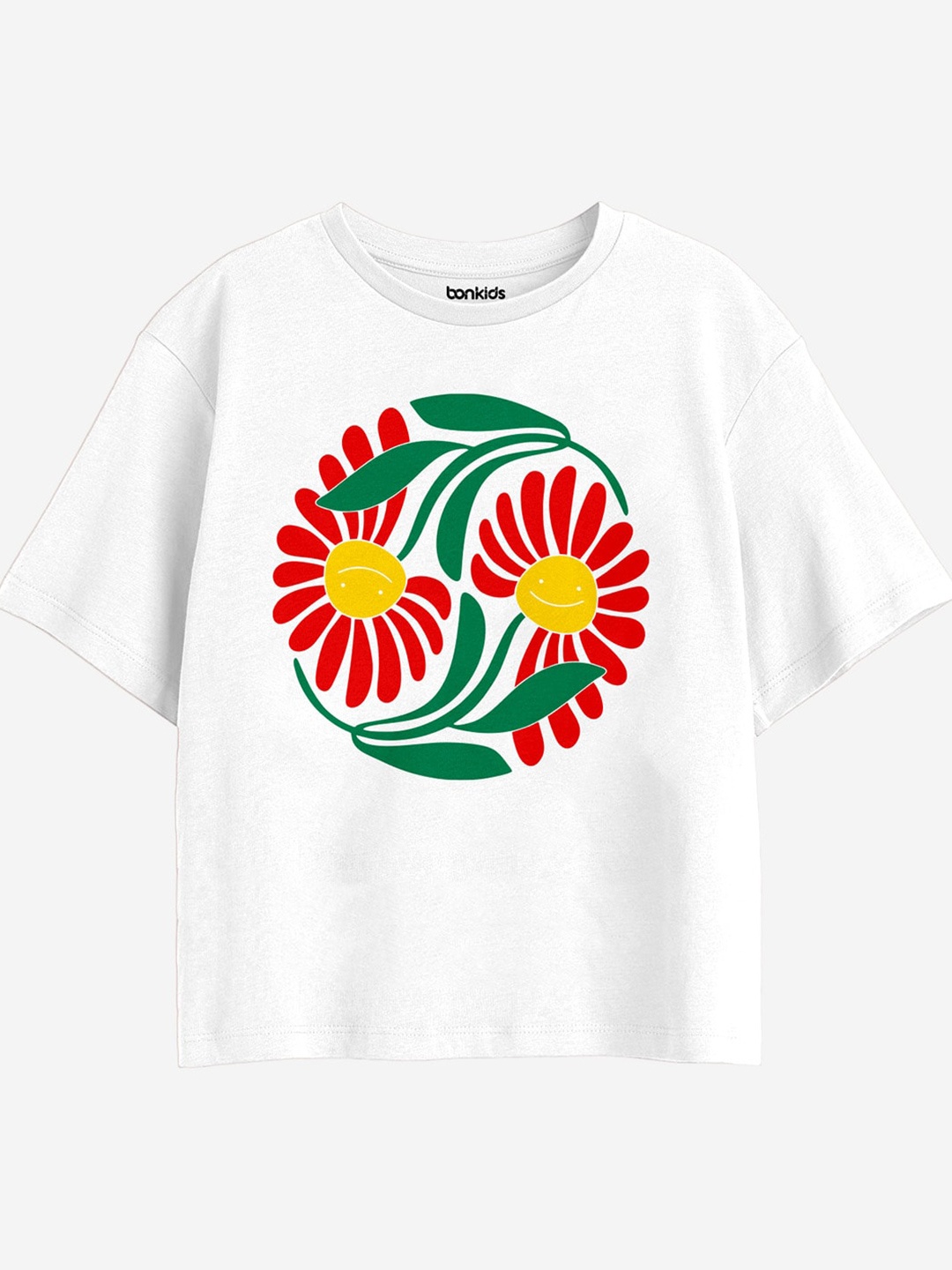 

BONKIDS Girls Graphic Printed Drop-Shoulder Sleeves Cotton Boxy T-shirt, White