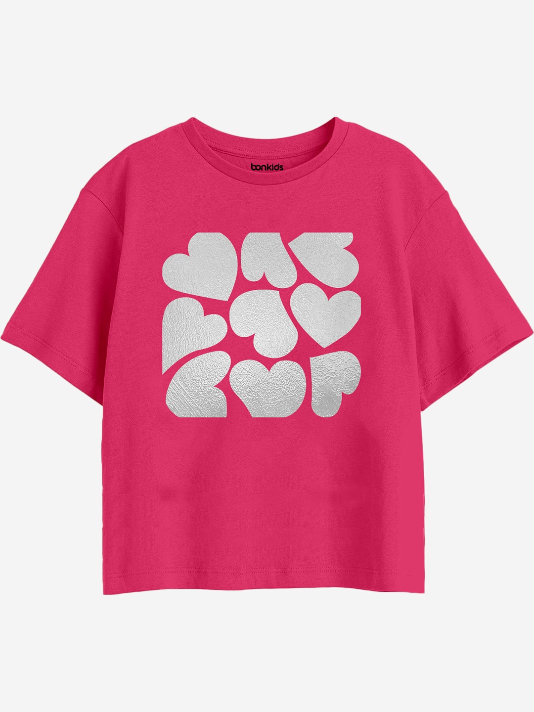 

BONKIDS Girls Graphic Printed Drop-Shoulder Sleeves Cotton Boxy T-shirt, Magenta
