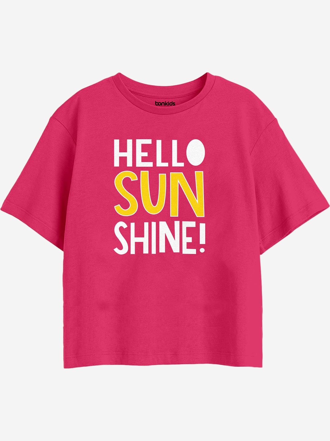 

BONKIDS Girls Typography Printed Drop-Shoulder Sleeves Cotton Boxy T-shirt, Magenta