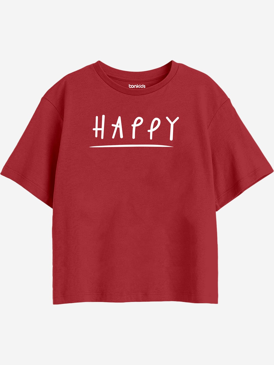

BONKIDS Girls Typography Printed Drop-Shoulder Sleeves Cotton Boxy T-shirt, Red
