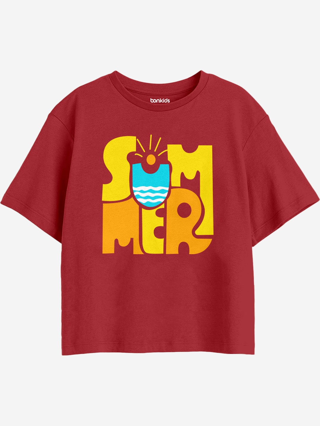 

BONKIDS Girls Typography Printed Drop-Shoulder Sleeves Cotton Boxy T-shirt, Red