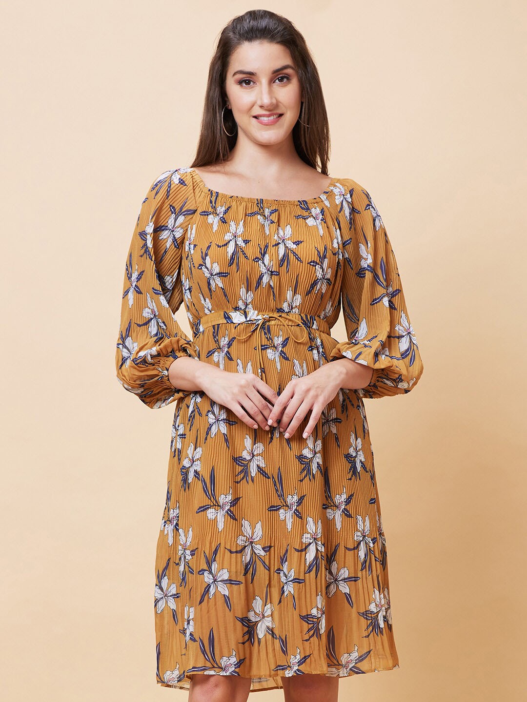 

Globus Mustard Yellow & White Floral Printed Accordion Pleated Puff Sleeve A-Line Dress