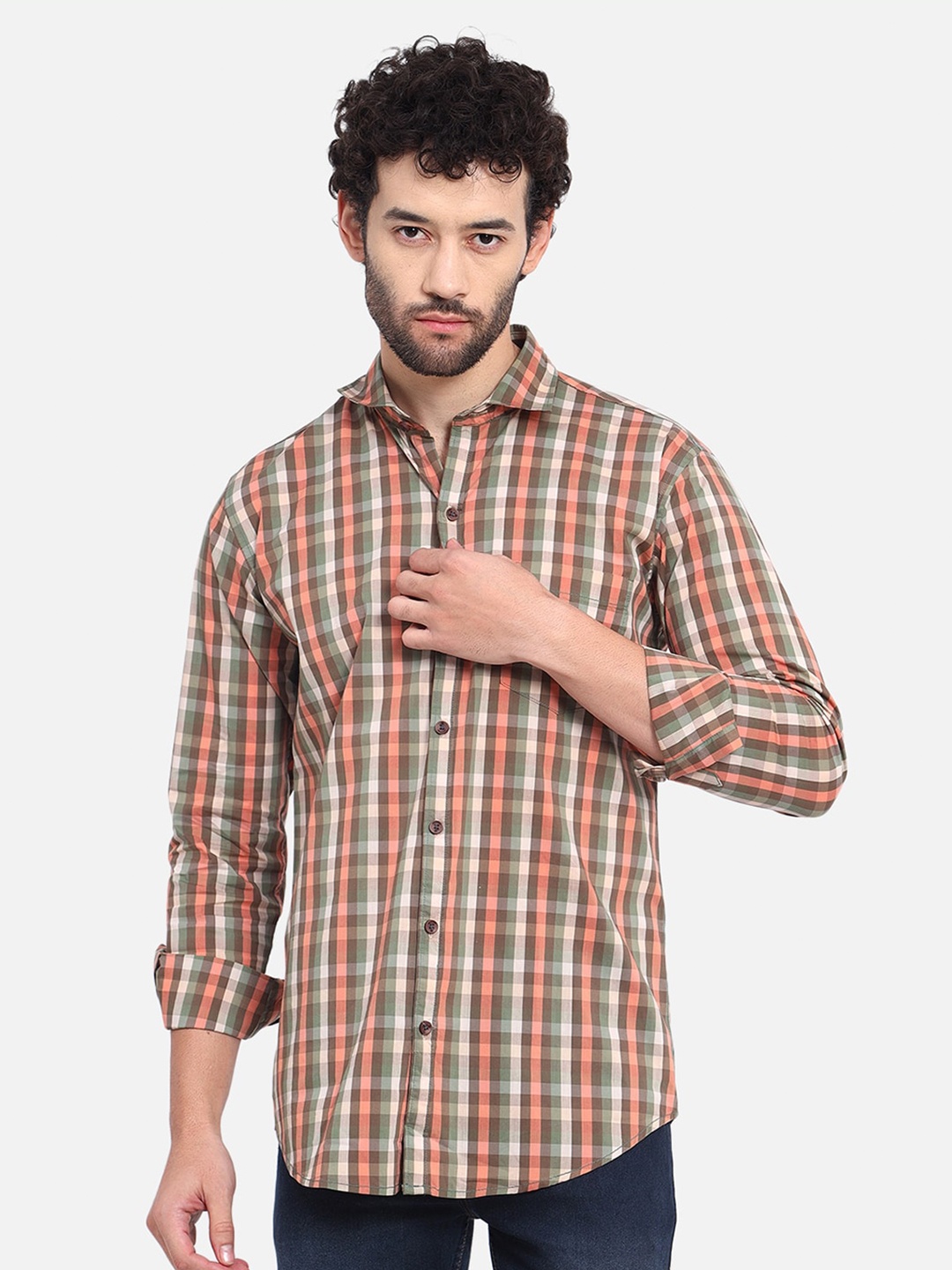 

DEZANO Modern Tartan Checked Spread Collar Long Sleeve Cotton Casual Shirt, Brown