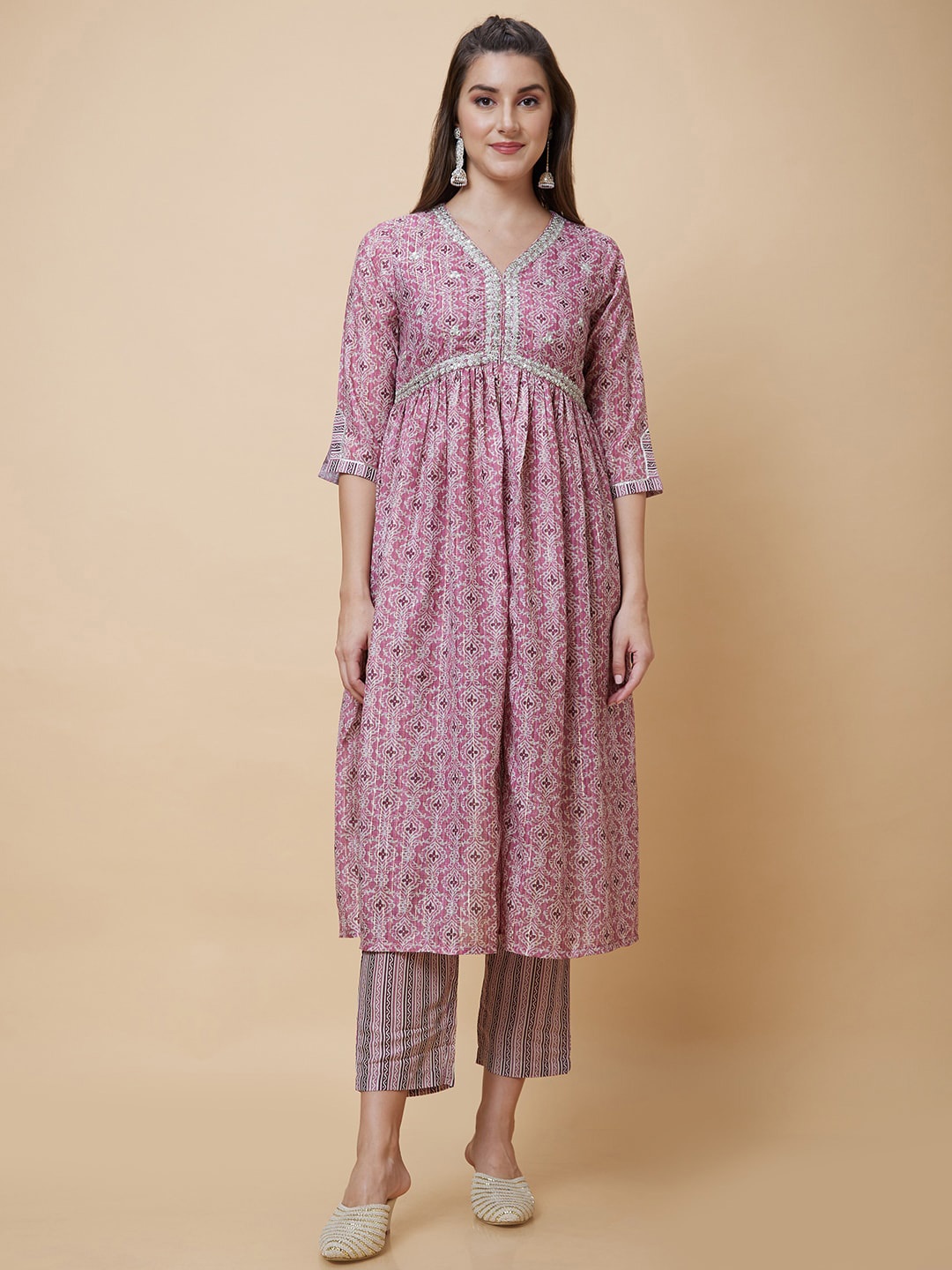 

Globus Pink Ethnic Motifs Printed Sequinned High Slit A-Line Kurta With Trousers