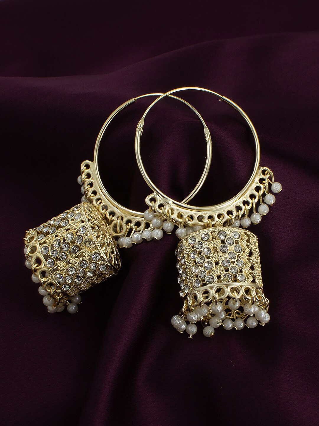 

PRIVIU Gold-Plated Stone-Studded & Beaded Dome Shaped Hoop Earrings, Rose gold