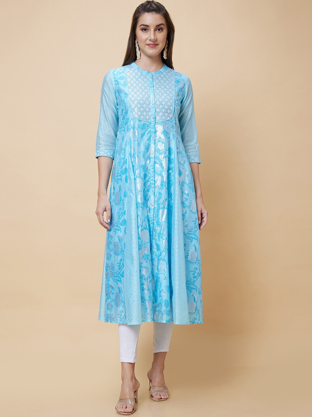 

Globus Floral Embroidered Mandarin Collar Anarkali Kurta, Blue