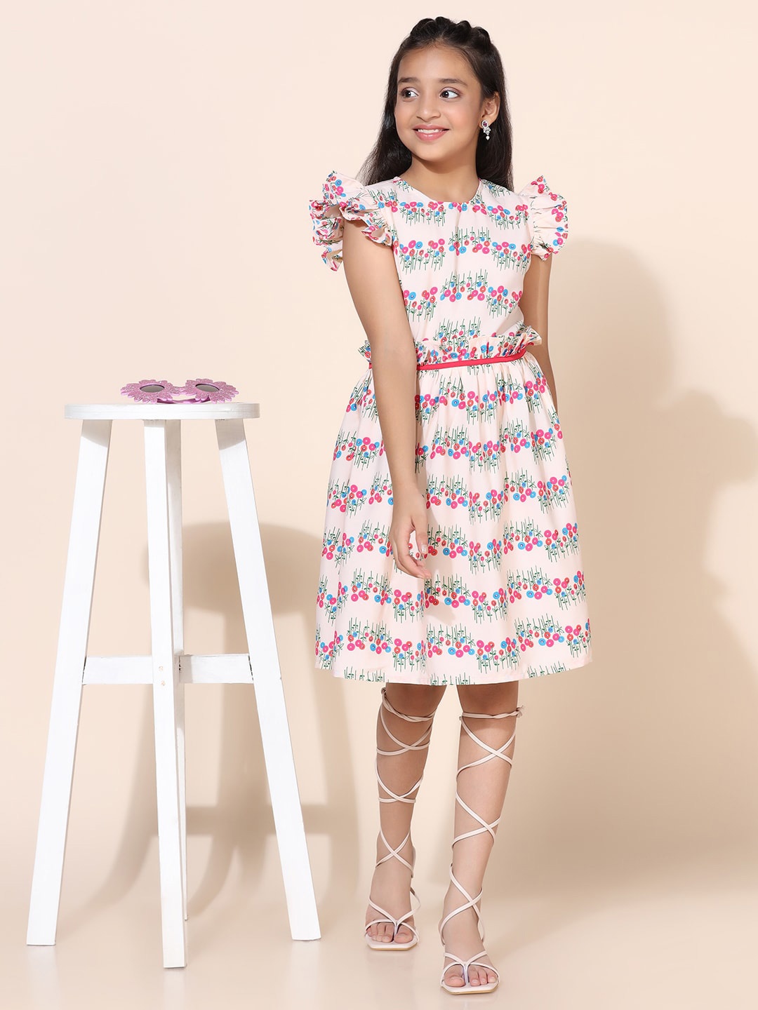 

FASHION DREAM Girls Floral Printed Flutter Sleeves Ruffle Detailed Fit & Flare Dress, Cream