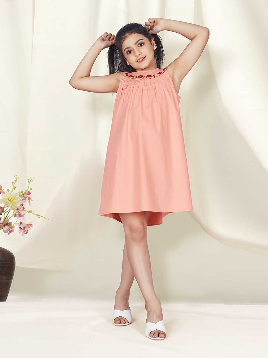 

FASHION DREAM Girls Floral Embroidered Gathered Detailed A-Line Dress, Orange
