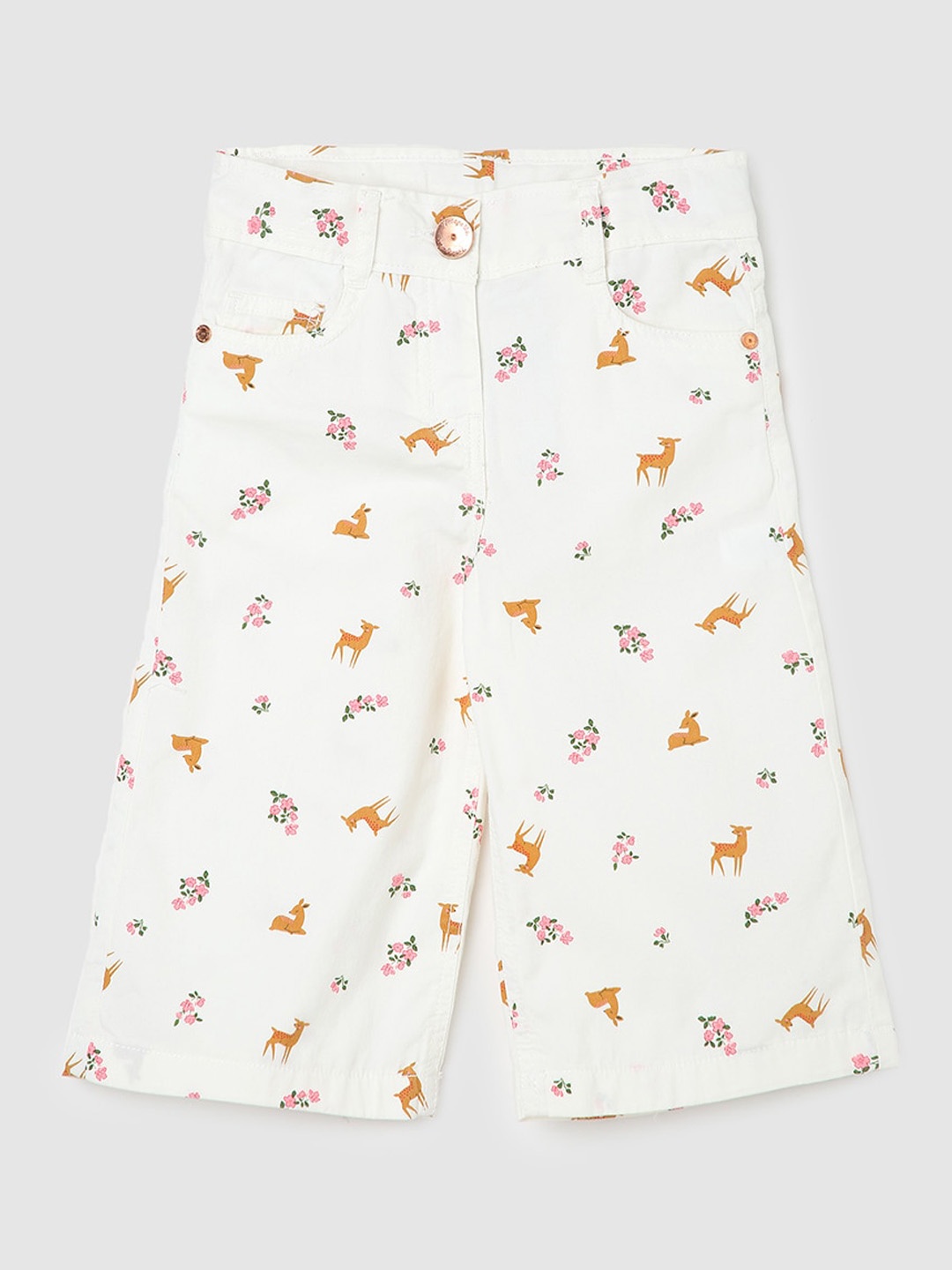 

max Girls Floral Printed Pleated Pure Cotton Culottes Trousers, Off white