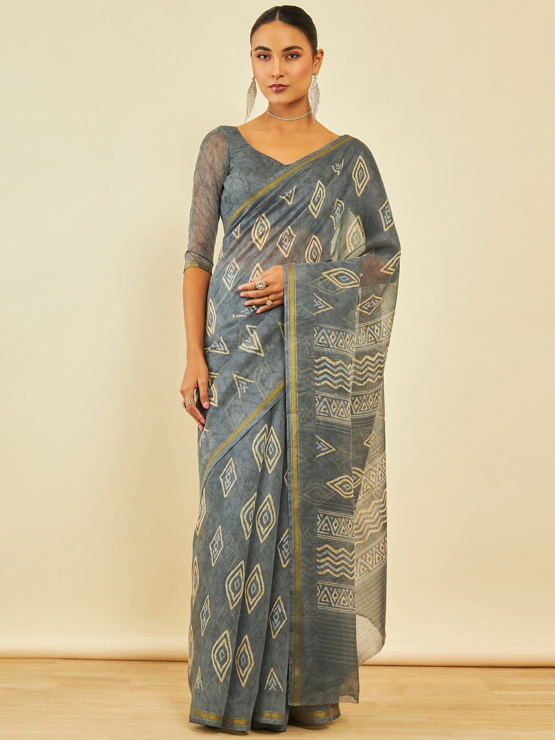 

Soch Geometric Printed Zari Chanderi Saree, Grey